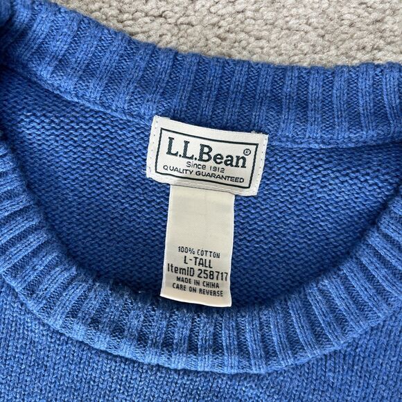 LL Bean Chunky Knit Sweater Mens Large Tall Blue Crewneck Preppy Classic Cotton - Picture 2 of 5